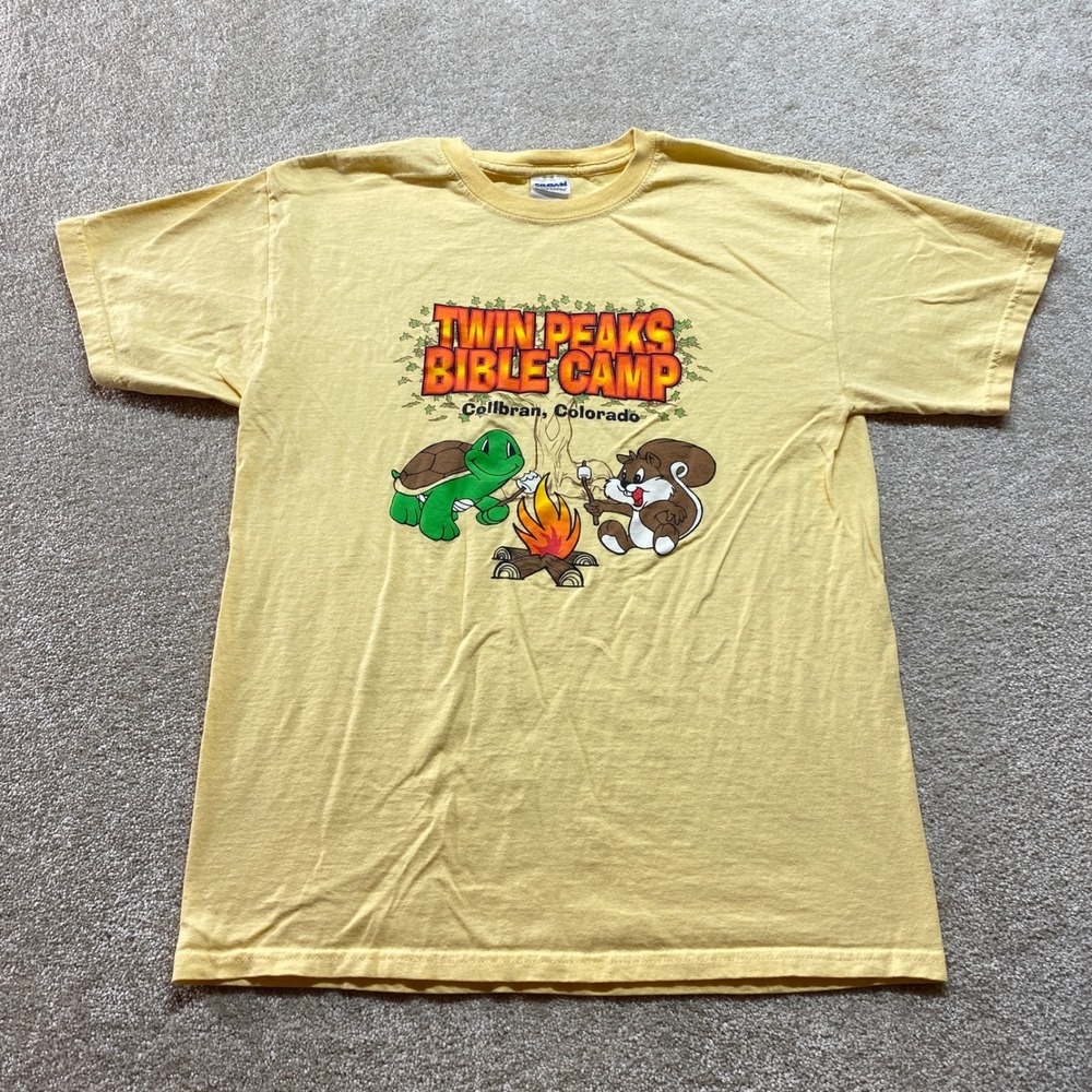 Gildan Ultra Cotton Twin Peaks Bible Camp Shirt Kids Medium Yellow Graphic Tee